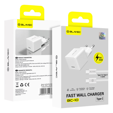 Blavec Netzladegerät BC-10 USB-C PD 25W 3A mit USB-C-Kabel - Weiß