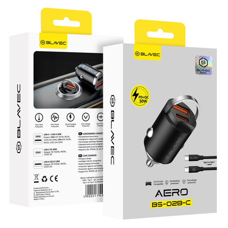 Blavec Autoladegerät BS-02B-C Aero - USB + Typ C - QC 3.0 18W PD 30W mit Kabel Typ C auf Typ C (CCBS02BCA-UCB) schwarz