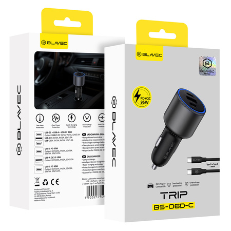 Blavec Autoladegerät BS-06D-C Trip - USB + 2xTyp C - QC 3.0 95W mit Kabel Typ C auf Typ C (CCBS06DCQ-U2CB) schwarz