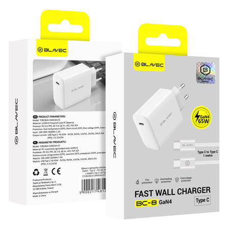 Blavec Netzladegerät BC-8 GaN4 USB-C PD QC 65W 3A mit USB-C-Kabel - Weiß