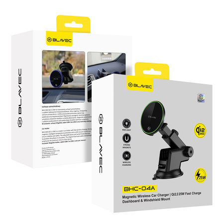 Blavec Autohalterung fürs Telefon BHC-04A Qi2.2 25W Magnetisch mit induktivem Laden für die Scheibe - Schwarz