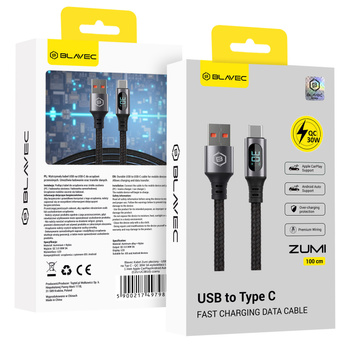Blavec Zumi Kabel geflochten - USB auf Typ C - QC 30W 3A LCD-Display 1 Meter Apple CarPlay/Android Auto (CZU-UC3B10) schwarz