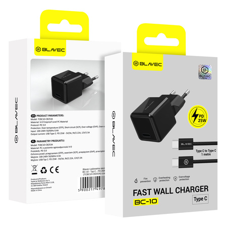 Blavec Netzladegerät BC-10 USB-C PD 25W 3A mit USB-C-Kabel - Schwarz