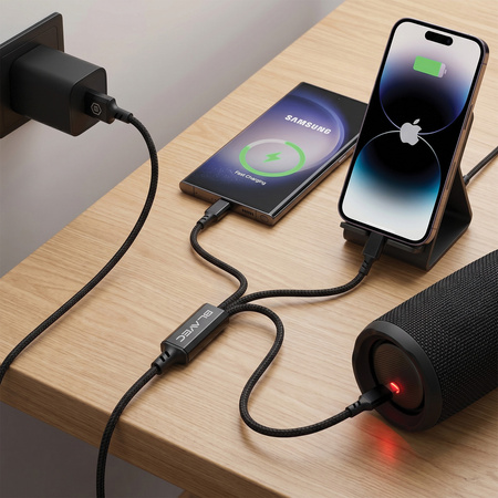 Blavec Kabel Trixo Pleciony USB na 2xUSB-C + Lightning QC 18W PD 60W 3A 1,3 m - Czarny