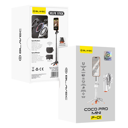 Blavec Selfie Stick Aluminium Coco PRO Mini P-01 MagSafe Auto Pop Quadripod + Pilot + Mocowanie 0,48 m - Biały