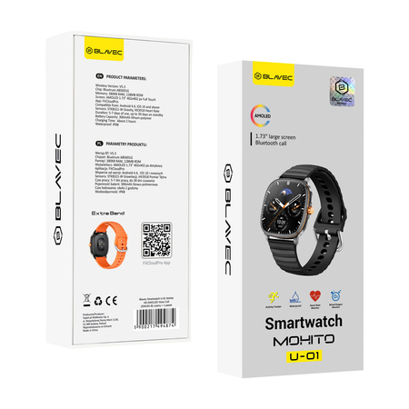 Blavec Smartwatch U-01 Mohito HD AMOLED Voice Call + 1 Armband - Schwarz
