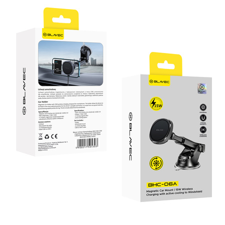 Blavec Autohalterung BHC-06A 15W magnetisch mit induktivem Laden und aktiver Kühlung für Scheibe und Armaturenbrett (BHC06A-MWIB) schwarz