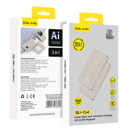 Blavec Power Bank 5000mAh BJ-04 Ultra Slim 7,8mm - Typ C - 22,5W magnetyczny indukcyjny Magsafe 3 w 1 (PBBJ04-MC5GD) złoty