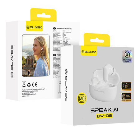 Blavec Słuchawki Bluetooth TWS BW-08 Speak AI z tłumaczeniem na żywo (BW08SA-W) białe