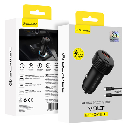 Blavec Autoladegerät BS-04B-C Volt - USB + Typ C - QC 3.0 48W mit Kabel Typ C auf Typ C (CCBS04BCV-UCB) schwarz