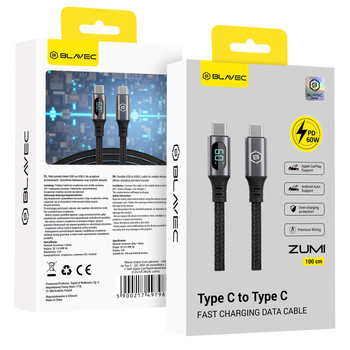 Blavec Zumi Kabel geflochten - Typ C auf Typ C - PD 60W 3A LCD-Display 1 Meter Apple CarPlay/Android Auto (CZU-CC3B10) schwarz