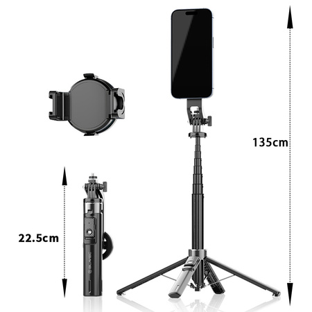 Blavec Selfie-Stick Aluminium Fusion P06 kompatibel mit MagSafe Tripod + Fernbedienung + Befestigung 1,34 m - Schwarz