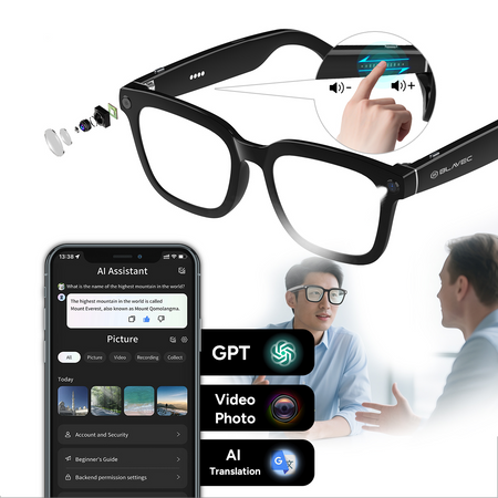 Intelligente KI-Brille mit Kamera, ChatGPT, Mikrofon und Live-Übersetzung + Etui