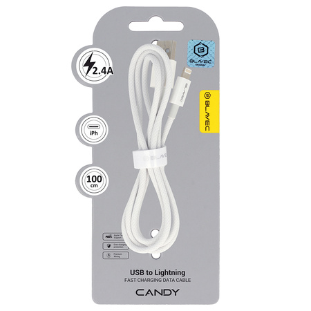 Blavec Candy kabel w oplocie - USB na Lightning - 2,4A 1 metr (CCA-UL24W10) biały