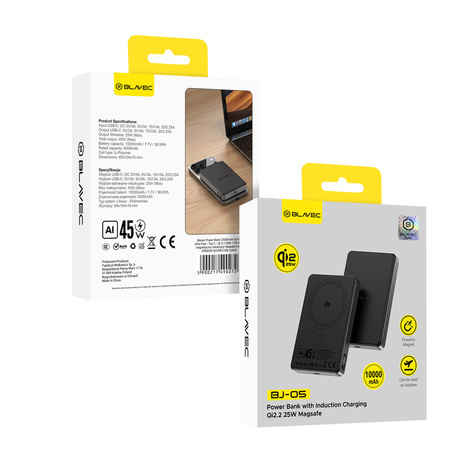 Blavec Magnetische Powerbank fürs Telefon BJ-05 Ultra Fast 10000 mAh 25W 2in1 kompatibel mit MagSafe USB-C - Schwarz