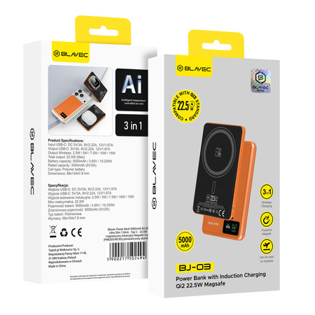 Blavec Magnetische Powerbank fürs Telefon BJ-03 5000 mAh 22,5W 3in1 kompatibel mit MagSafe USB-C - Orange Aluminium