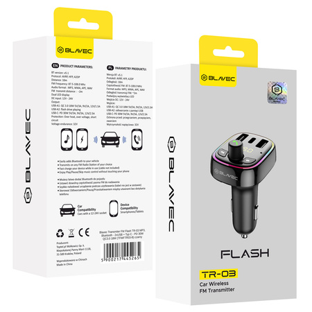 Blavec Transmiter FM Samochodowy Flash Bluetooth MP3 PD 30W QC3.0 18W USB-C