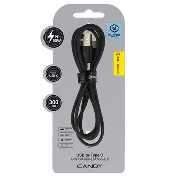 Blavec Kabel Candy mit Geflecht USB auf USB-C PD 60W 3A 3 m - Schwarz