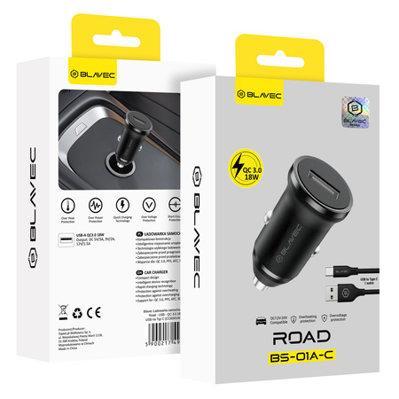 Blavec Autoladegerät BS-01A-C Road - USB - QC 3.0 18W mit Kabel USB auf Typ C (CCBS01ACR-UB) schwarz