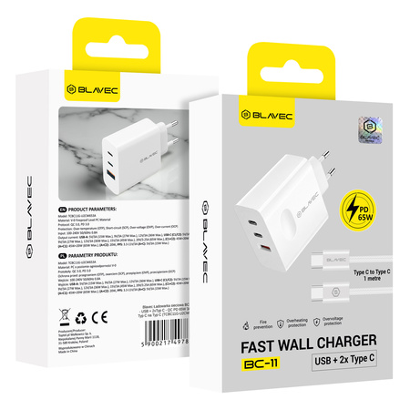 Blavec Ładowarka Sieciowa BC-11 GaN USB + 2xUSB-C QC PD 65W 3A z Kablem USB-C na USB-C - Biała