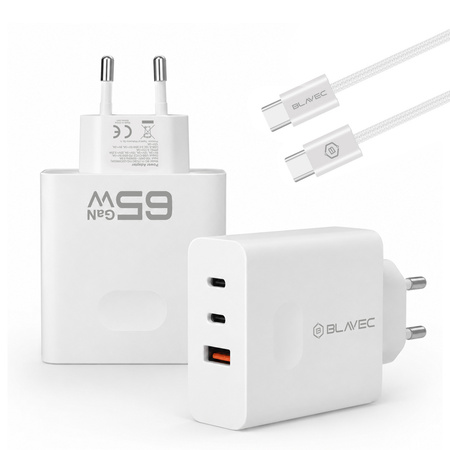 Blavec Ładowarka Sieciowa BC-11 GaN USB + 2xUSB-C QC PD 65W 3A z Kablem USB-C na USB-C - Biała
