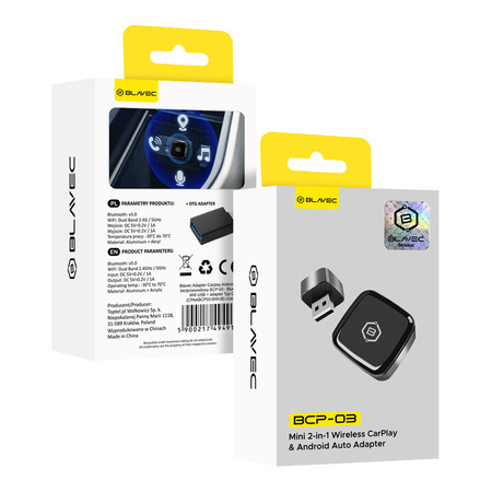 Blavec Adapter Carplay Android Auto bezprzewodowy BCP-03 - Bluetooth Wifi USB + adapter Typ C (CPAABCP03-BWUB) czarny