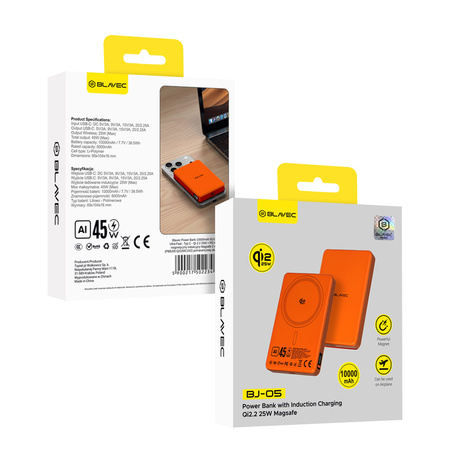 Blavec Magnetische Powerbank fürs Telefon BJ-05 Ultra Fast 10000 mAh 25W 2in1 kompatibel mit MagSafe USB-C - Orange Aluminium