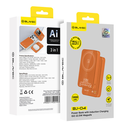 Blavec Magnetische Powerbank fürs Telefon BJ-04 10000 mAh 22,5W 3in1 kompatibel mit MagSafe USB-C - Orange Glas