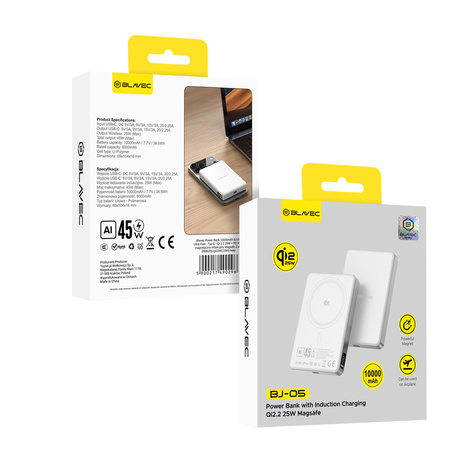 Blavec Power Bank 10000mAh BJ-05 Ultra Fast 16mm - Typ C - Qi2.2 25W + PD 45W magnetyczny indukcyjny Magsafe 2 w 1 (PBBJ05-QI22MC10W) biały