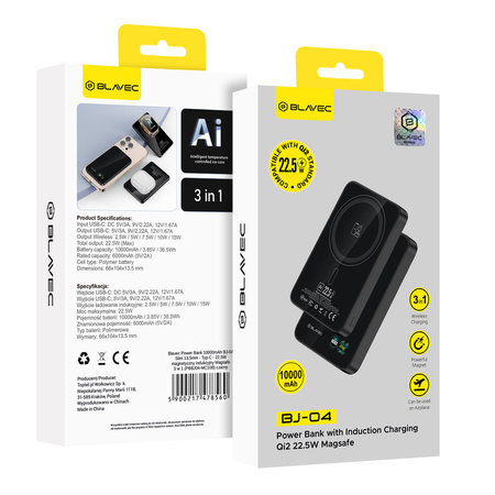 Blavec Magnetische Powerbank fürs Telefon BJ-04 10000 mAh 22,5W 3in1 kompatibel mit MagSafe USB-C - Schwarz