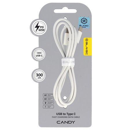 Blavec Candy kabel w oplocie - USB na Typ C - PD 60W 3A 3 metry (CCA-UC3W30) biały