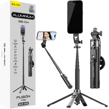 Blavec Selfie-Stick Aluminium Fusion P06 kompatibel mit MagSafe Tripod + Fernbedienung + Befestigung 1,34 m - Schwarz