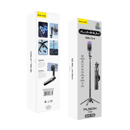 Blavec Selfie-Stick Aluminium Fusion P06 kompatibel mit MagSafe Tripod + Fernbedienung + Befestigung 1,34 m - Schwarz