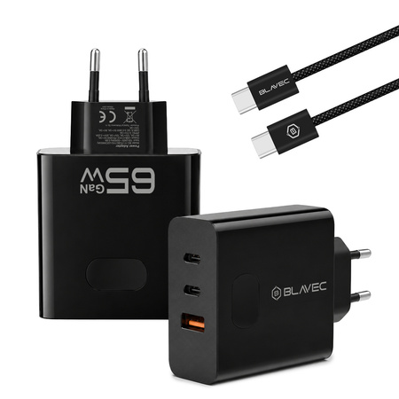 Blavec Ładowarka Sieciowa BC-11 GaN USB + 2xUSB-C QC PD 65W 3A z Kablem USB-C na USB-C - Czarna