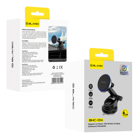 Blavec Autohalterung fürs Telefon BHC-01A 15W Magnetisch mit induktivem Laden für Scheibe und Armaturenbrett - Schwarz