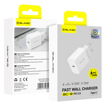 Blavec Ładowarka Sieciowa BC-9 USB-C PD 20W 3A - Biała