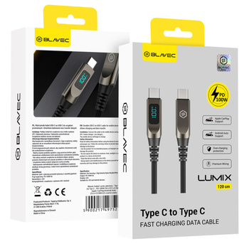Blavec Lumix Kabel geflochten - Typ C auf Typ C - PD 100W 5A LED-Display 1,2 Meter Apple CarPlay/Android Auto (CLU-CC5BG12) schwarz-grau